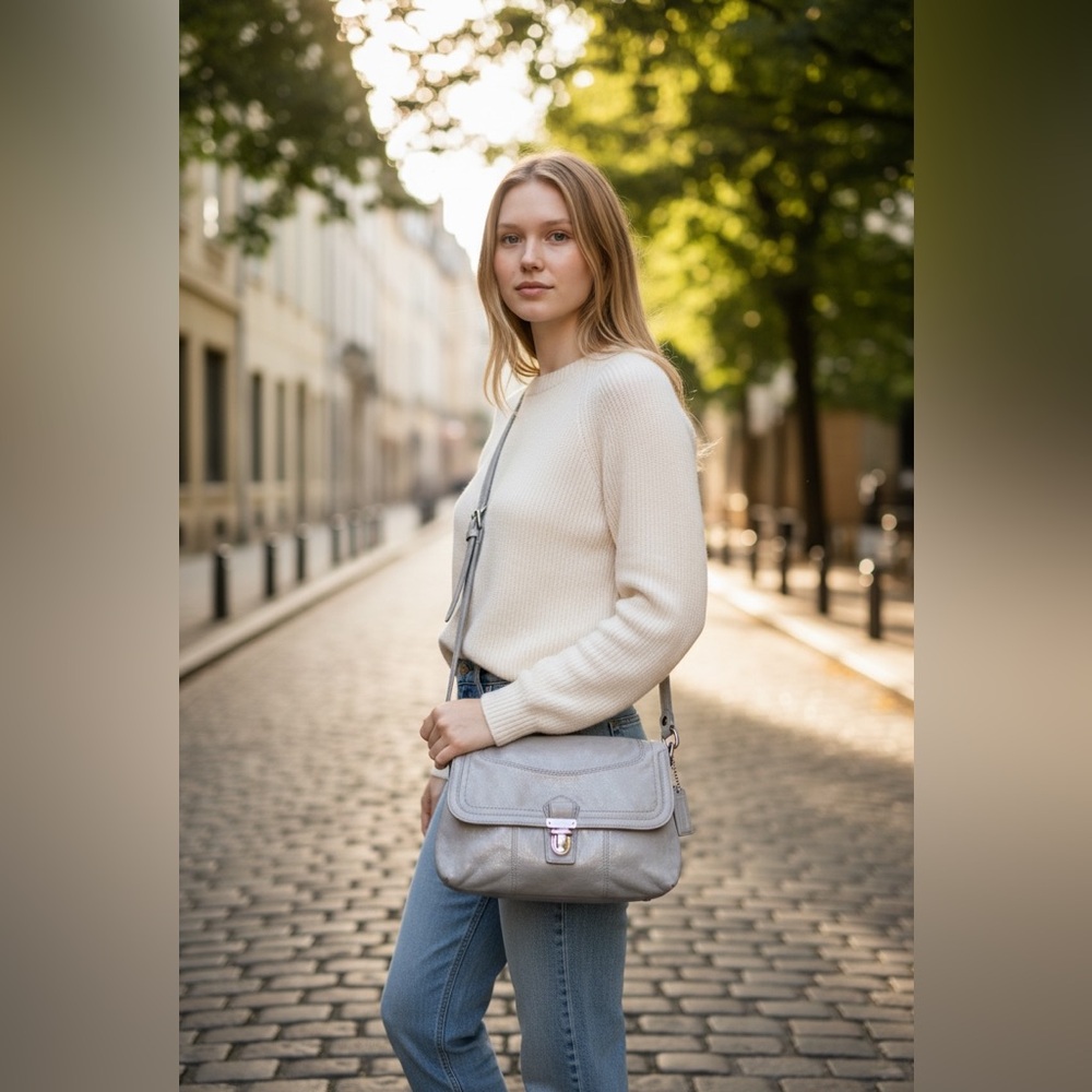 Coach Poppy Layla metallic leather shoulder bag in a shimmery gray/silver EUC - Picture 4 of 12